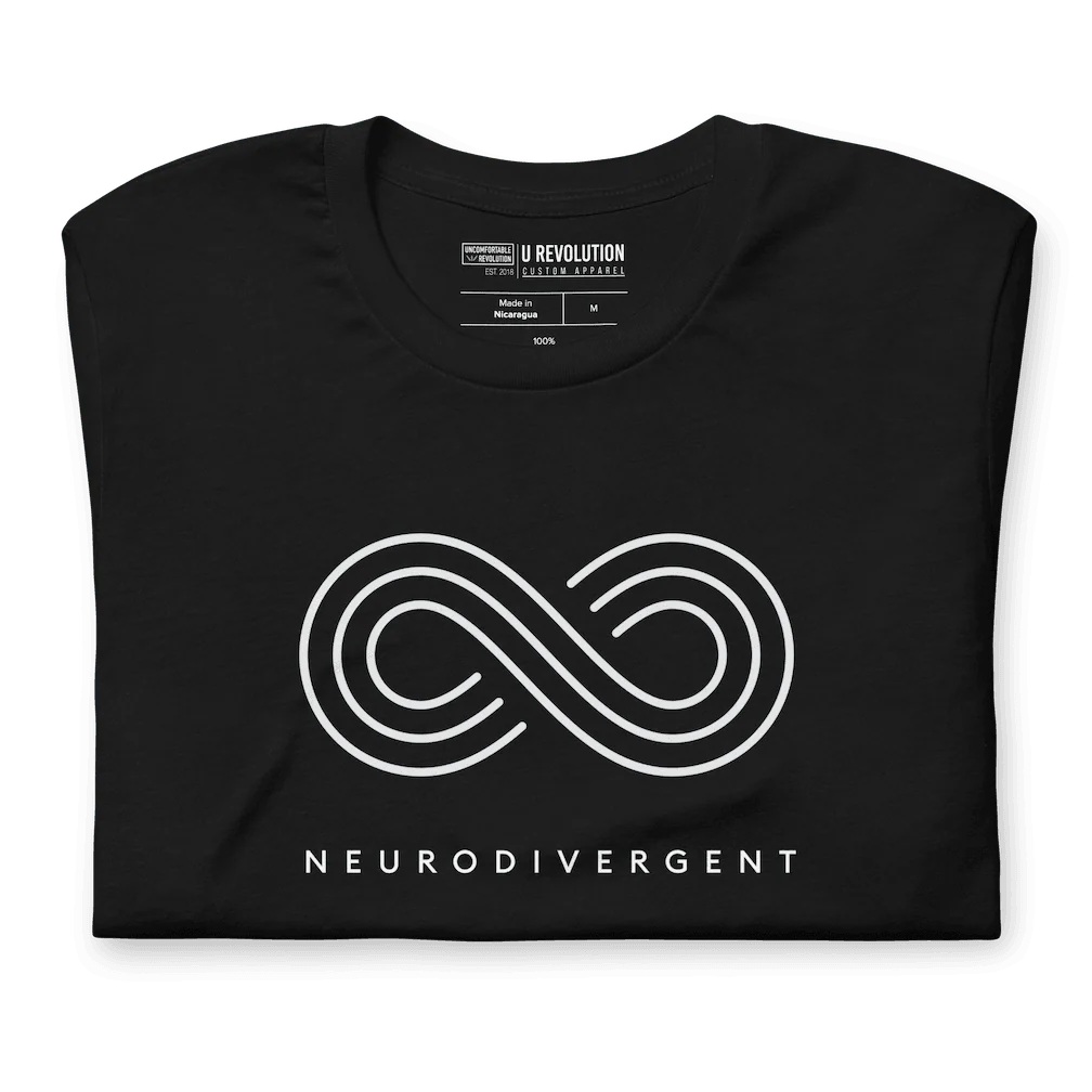 Black t shirt with neurodiversity symbol and the word written underneath